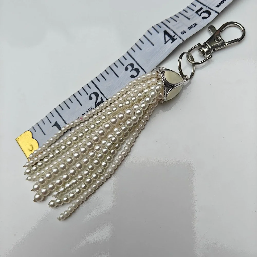 Cream Faux Pearl Multi Strand Tassel Keychain Bag Charm Silver Tone Clasp 5in